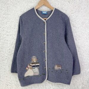 Fancy Fully Embroidered Folk Art Cardigan Sweater Blue Wool Blend Women's M Kids
